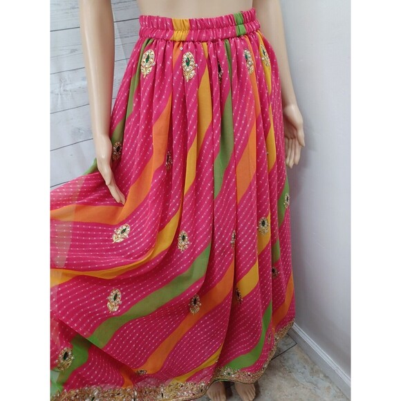 Lehenga Indian Pakistani Wedding Maxi Skirt Womens Pink Gold Polkodot XS - Picture 4 of 12